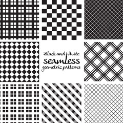 Set of black and white seamless geometric patterns in square