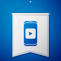 Blue Online play video icon isolated on blue background. Smartphone and film strip with play sign. White pennant template. Vector Illustration.