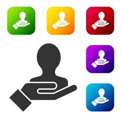 Black Hand for search a people icon isolated on white background. Recruitment or selection concept. Search for employees and job. Set icons in color square buttons. Vector Illustration.
