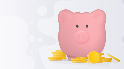 Banner on the theme of finance. Pink piggy bank in the form of a pig with gold coins. Piggy bank for money with a mountain of coins. Vector.
