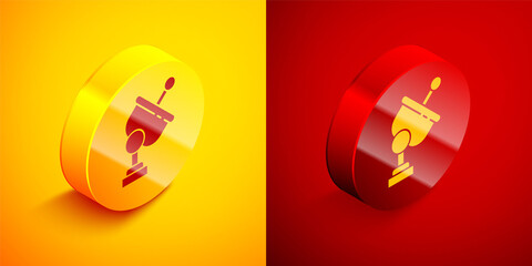 Isometric Radar icon isolated on orange and red background. Search system. Satellite sign. Circle button. Vector Illustration.