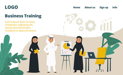 Arab business training landing web page, concept banner website template cartoon vector illustration. Company website page, arabic country corporation. Character male female discuss work plan.