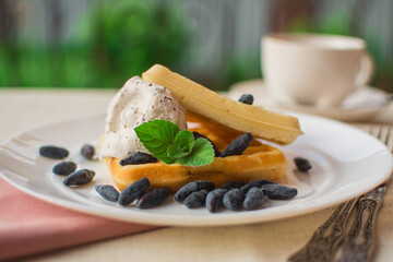 Dessert from Viennese waffles with ice cream and a leaf of mint.