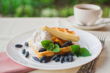 Dessert from Viennese waffles with ice cream and a leaf of mint.