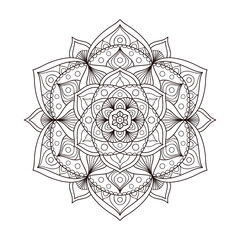 Vector hand drawn doodle mandala. Ethnic illustration with ornament. Isolated. Black and white colors. Outline. Coloring page for adult. Mandala with tribal ornament.