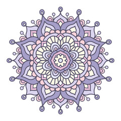 Vector hand drawn doodle mandala. Ethnic mandala with colorful tribal ornament. Isolated on white background. Pastel colors: violet, yellow, pink. - 357643613