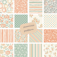 Collection of Retro seamless patterns from the 50s and 60s. Seamless Vintage pattern in flowers, polka dots. Vector illustration