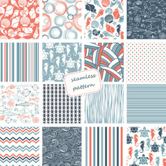 Set of  vintage seamless colorful patterns in marine style. Hand drawn. Vector illustration can be used for ceramic tile, wallpaper, textile, invitation, greeting card, web page background