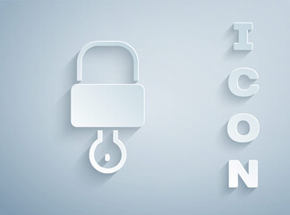 Paper cut Lock and key icon isolated on grey background. Padlock sign. Security, safety, protection, privacy concept. Paper art style. Vector Illustration.