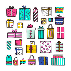 Vector set of gifts. Hand drawn boxes and packs with wrapping paper and bows. Illustration in doodle style. Elements in bright colors. Isolated.