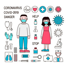 Vector medical set in doodle style. Medicine elements: syringe, test tube, medicine, pills, magnifier, medical mask, lungs, gloves, microscope, stethophonendoscope, bacterium, thermometer. Isolated.