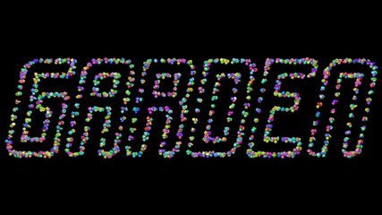 garden: 3D illustration of the text made of small objects over a black background with shadows