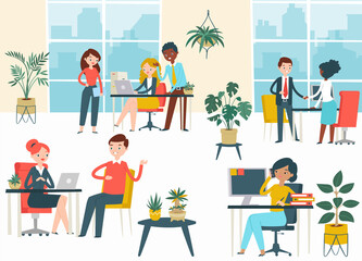 Public workshop place, coworking space character company people male female work corporation firm cartoon vector illustration. Group people sitting office, business centre cabinet, urban background.