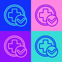 Pop art line Cross hospital medical icon isolated on color background. First aid. Diagnostics symbol. Medicine and pharmacy sign. Vector Illustration.