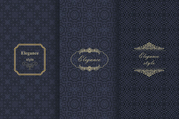 Set of Vintage seamless damask pattern. Collection of design elements, labels, icon, frames for packaging, design of luxury product. Template greeting card, invitation and advertising banner, brochure