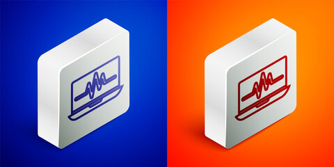 Isometric line Laptop with cardiogram icon isolated on blue and orange background. Monitoring icon. ECG monitor with heart beat hand drawn. Silver square button. Vector Illustration.