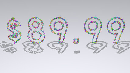 Colorful 3D writting of $89. text with small objects over a white background and matching shadow