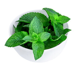 Fresh spearmint leaves isolated on the white background. Mint, peppermint in a bowl close up.Top...