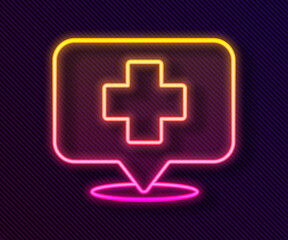 Fototapeta premium Glowing neon line Medical map pointer with cross hospital icon isolated on black background. Vector Illustration.