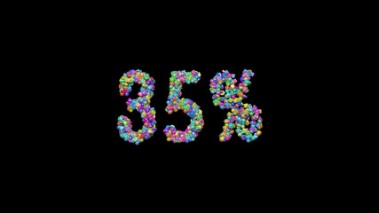 Colorful 3D writting of %  text with small objects over a dark background and matching shadow