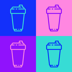 Pop art line Fitness shaker icon isolated on color background. Sports shaker bottle with lid for water and protein cocktails. Vector Illustration.