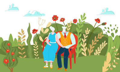 Fototapeta premium Elderly character couple resting outdoor park, aged male female pair relax natural place cartoon vector illustration. Old lovely person sit street garden bench, concept flower field area.