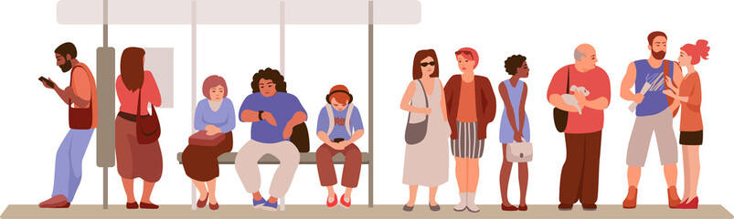 a group of ordinary people of different nations, sex and age are sitting and standing at a public transport stop
