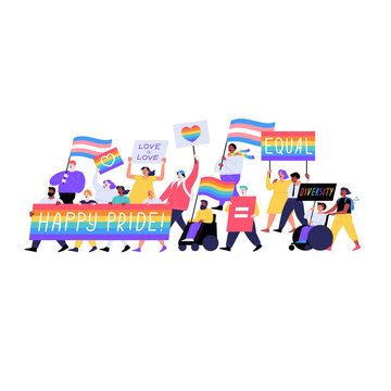 Different people marching on the pride parade holding placards and flags. Pride month concept
