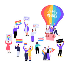 Different people marching on the pride parade holding placards and flags. Pride month concept