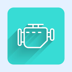 White line Check engine icon isolated with long shadow. Green square button. Vector Illustration.