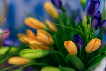 Close up Artificial flowers pots in garden.