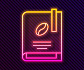 Glowing neon line Coffee book icon isolated on black background. Vector Illustration.