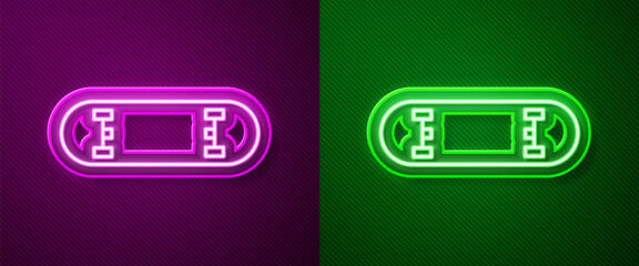 Glowing neon line Skateboard trick icon isolated on purple and green background. Extreme sport. Sport equipment. Vector Illustration.