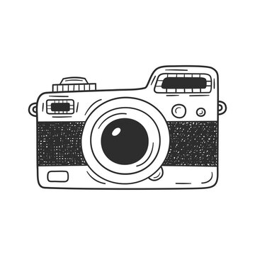 Photo camera vintage. Engraved hand drawn in sketch or wood cut style. Old looking retro lens. Isolated vector illustration.