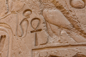 Egyptian ancient hieroglyphs on the stone wall. Closeup of the symbol of eternal life ankh