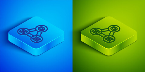 Isometric line Chemical formula for water drops H2O shaped icon isolated on blue and green background. Square button. Vector Illustration.
