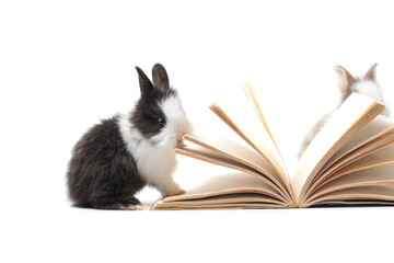 Adorable fluffy rabbits with book (symbol of knowledge, learning and studying) on white background,...