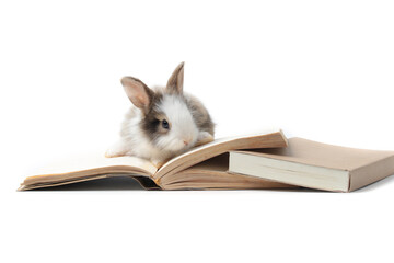 Adorable fluffy rabbits with book (symbol of knowledge, learning and studying) on white background,...