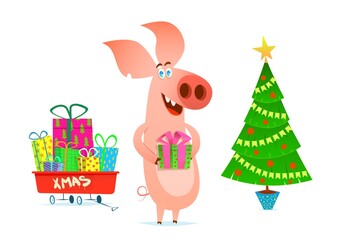 Pig with a gift on the background of a Christmas tree and a red cart. Cartoon flat style illustration.