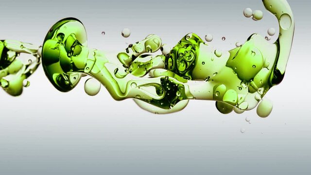 transparent green oil bubbles and fluid shapes in purified water on a white gradient background. Side angle with crystal colored bubbles in purified water cosmetic backdrop with copy space for science