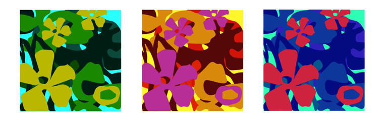 Florales Muster, grün-blau, pink-orange, blau-rot