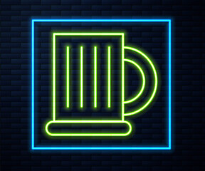 Glowing neon line Wooden beer mug icon isolated on brick wall background. Vector Illustration.
