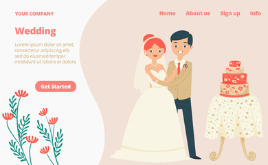 Character lovely couple traditional wedding clothing landing web page, concept banner website template cartoon vector illustration. Website page banner, festivity joyful married and ceremonial cake.