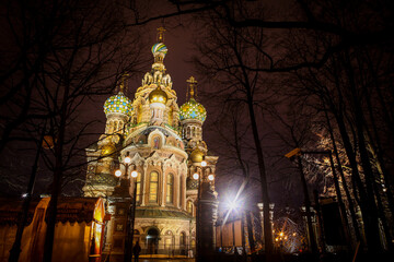 Saint Petersburg / Russia - February 18, 2017: Church of  Savior on the Spilled Blood at night during where is a famous place for tourist with a beautiful onion dome. - 357647418