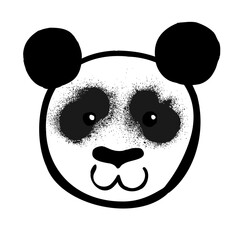 Cartoon black and white panda bear face silhouette with grunge effect, vector illustration. Cute hand-drawn doodle style.