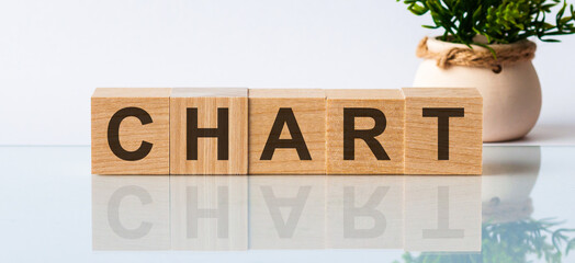 CHART is a word written in black letters on wooden cubes located on a white mirror surface. The inscription is reflected, in the background there is a flower in a pot of light brown color.