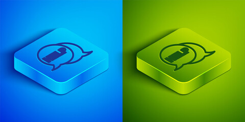 Isometric line Speech bubble with text Help icon isolated on blue and green background. Square button. Vector Illustration.