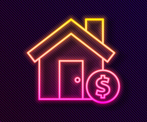 Glowing neon line House with dollar symbol icon isolated on black background. Home and money. Real estate concept. Vector Illustration.