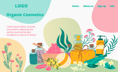 Organic natural cosmetic, skin and face care landing web page, concept banner website template cartoon vector illustration. Website business page banner, tube perfume girl beauty product.
