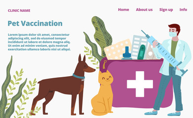 Veterinary hospital, tiny vet doctor hold syringe landing web page, concept banner website template cartoon vector illustration. Website business page, animal care medicine, healthcare dog and cat.